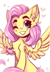 Size: 1430x2048 | Tagged: safe, artist:falafeljake, derpibooru import, fluttershy, pegasus, pony, blushing, chest fluff, cute, ear fluff, eyebrows, female, g4, image, jpeg, looking at you, mare, one eye closed, shyabetes, signature, simple background, sitting, smiling, smiling at you, solo, spread wings, white background, wings, wink, winking at you