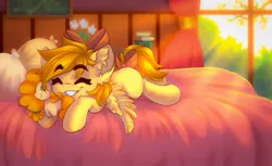 Size: 2048x1252 | Tagged: safe, artist:falafeljake, derpibooru import, oc, unofficial characters only, pegasus, pony, bed, bow, commission, cute, ear fluff, eyebrows, eyebrows visible through hair, eyes closed, female, hair bow, image, jpeg, lying down, mare, ocbetes, on bed, pegasus oc, prone, smiling, solo, spread wings, tail, tail bow, wings