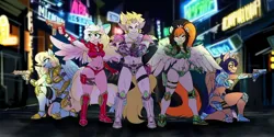 Size: 2048x1024 | Tagged: suggestive, artist:kennzeichen, derpibooru import, neon lights, rising star, oc, oc:alabastor amril, oc:alexus nictivia, oc:bay breeze, oc:cannon car, oc:lusty symphony, anthro, earth pony, pegasus, agent alabastor amril, arm band, armor, armored pony, belly button, belly piercing, belt buckle, boots, bow, city, clothes, codpiece, ear piercing, earring, garter belt, gauntlet, group shot, gun, hair bow, heterochromia, holster, horns, image, jewelry, jpeg, knee pads, male, metal thong, midriff, muscles, muscular male, pendant, piercing, ponytail, shoes, spikey mane, spread wings, tattoo, tiara, unconvincing armor, weapon, wings, womb tattoo