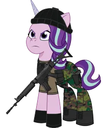 Size: 970x1200 | Tagged: safe, artist:edy_january, artist:prixy05, derpibooru import, edit, part of a set, vector edit, starlight glimmer, pony, unicorn, g5, my little pony: tell your tale, angry, assault rifle, body armor, boots, call of duty, call of duty: modern warfare 2, clothes, fn fnc, fnc, gloves, gun, handgun, hat, image, marine, marines, military, military pony, military uniform, pistol, png, rifle, sa dx, shoes, simple background, soldier, soldier pony, solo, special forces, task forces 141, transparent background, uniform, united states, vector, vest, weapon