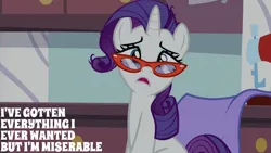 Size: 2000x1125 | Tagged: safe, derpibooru import, edit, edited screencap, editor:quoterific, screencap, rarity, canterlot boutique, canterlot carousel, glasses, image, png, rarity's glasses, sewing machine, solo