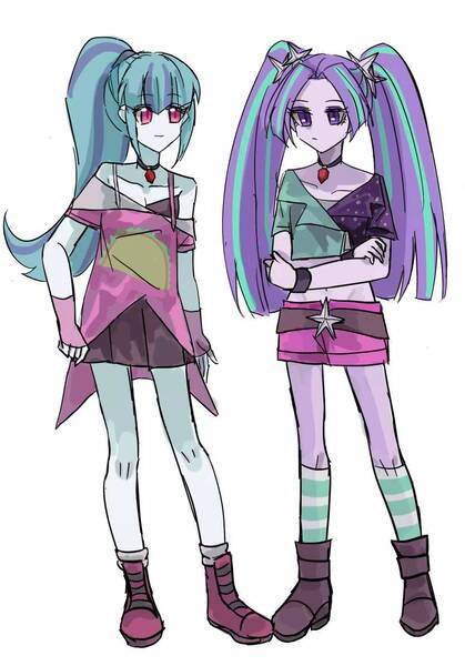 Size: 834x1194 | Tagged: safe, artist:yarderrr0, derpibooru import, aria blaze, sonata dusk, equestria girls, belly button, belt, boots, clothes, duo, female, fingerless gloves, gem, gloves, high heel boots, image, jpeg, midriff, shirt, shoes, shorts, simple background, siren gem, skirt, socks, striped socks, taco dress, white background