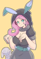 Size: 1116x1579 | Tagged: safe, artist:nijikih, derpibooru import, angel bunny, fluttershy, human, rabbit, animal, breasts, busty fluttershy, cleavage, clothes, costume, dangerous mission outfit, duo, duo male and female, female, goggles, hoodie, humanized, image, male, outline, png, simple background, white outline, yellow background