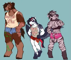 Size: 1089x916 | Tagged: suggestive, artist:tyotheartist1, derpibooru import, oc, oc:astroplane cloudy, oc:evergreen springs, oc:powerline, anthro, earth pony, pegasus, unguligrade anthro, zebra, fallout equestria, bara, clothes, dashite, image, png, scar, simple background, the ass was thicc