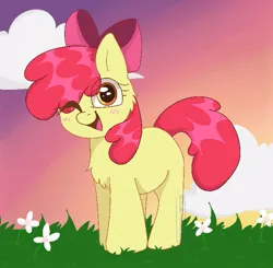 Size: 695x682 | Tagged: safe, artist:bluemoon, derpibooru import, apple bloom, earth pony, pony, adorabloom, blushing, chest fluff, cloud, cute, female, filly, flower, foal, grass, image, jpeg, looking at you, one eye closed, open mouth, solo, wink