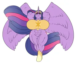 Size: 1100x893 | Tagged: suggestive, artist:robertge, derpibooru import, twilight sparkle, twilight sparkle (alicorn), alicorn, anthro, big breasts, bottomless, breasts, clothes, female, huge breasts, hyper, hyper muscle, image, impossibly large breasts, large wings, multicolored hair, muscles, muscular female, partial nudity, png, solo, twilight muscle, wings
