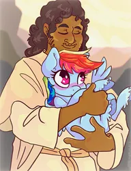 Size: 899x1169 | Tagged: safe, artist:zer0wlet, derpibooru import, rainbow dash, human, pegasus, pony, christianity, colored, cute, dashabetes, female, holding a pony, human male, image, jesus christ, male, mare, png, religion