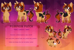 Size: 3012x2048 | Tagged: safe, artist:spookyle, derpibooru import, oc, oc:pumpkin patch, pony, unicorn, baby, baby pony, bow, female, filly, foal, image, mare, png, reference sheet, solo, tail, tail bow