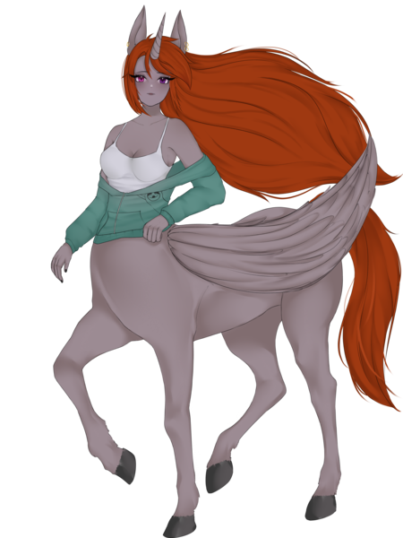 Size: 4200x5600 | Tagged: suggestive, artist:banshee_hime, derpibooru import, oc, oc:funny jo, unofficial characters only, alicorn, anthro, centaur, taur, equestria girls, alitaur, anthro centaur, centaur oc, clothes, ear piercing, earring, female, heterochromia, horn, image, jacket, jewelry, long hair, piercing, png, simple background, solo, tanktop, transparent background