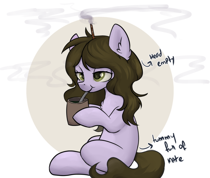 Size: 2600x2200 | Tagged: safe, artist:dumbwoofer, derpibooru import, oc, oc:dumbwoofer, earth pony, pony, cup, ear fluff, female, image, incense, mare, mate, png, simple background, sitting, smiling, solo, straw, text, transparent background