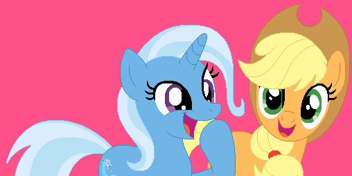 Size: 508x255 | Tagged: safe, artist:jadeharmony, artist:mak2020, derpibooru import, applejack, trixie, earth pony, pony, unicorn, applejack's hat, base used, cowboy hat, duo, female, hat, image, lesbian, mare, open mouth, png, raised hoof, shipping, tripplejack