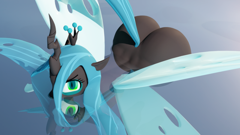 Size: 1920x1080 | Tagged: suggestive, artist:camchao, artist:jeijei, derpibooru import, queen chrysalis, anthro, changeling, changeling queen, 3d, angry, angry eyes, ass, blender, blender cycles, bugbutt, butt, chrysalass, crown, female, huge butt, image, jewelry, large butt, looking at you, partially submerged, png, regalia, tail, water, wings