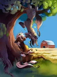 Size: 2000x2673 | Tagged: safe, artist:28gooddays, derpibooru import, oc, unofficial characters only, earth pony, pony, unicorn, beard, book, earth pony oc, facial hair, farm, field, horn, image, leaves, png, tree, unicorn oc, upside down