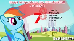 Size: 1920x1079 | Tagged: safe, derpibooru import, edit, edited edit, edited screencap, editor:itsmgh1203, screencap, rainbow dash, pegasus, pony, season 3, the crystal empire, crystal empire, derp, female, flag, hoof on chest, image, indonesia, indonesian independence day, jpeg, mare, smiling, solo