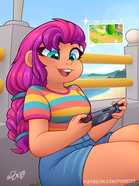 Size: 1470x1960 | Tagged: safe, artist:rivin177, derpibooru import, sunny starscout, human, equestria girls, g5, spoiler:g5, beach, clothes, console, cute, food, freckles, game, hand, happy, hill, humanized, image, maretime bay, my little pony: a maretime bay adventure, ocean, orange, outfit, playing, png, pose, railing, shirt, shorts, sitting, sky, solo, sunnybetes, switch, teeth, text, tights, video game, water