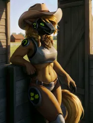 Size: 1536x2048 | Tagged: safe, artist:darbarri, derpibooru import, machine learning assisted, applejack, anthro, cyborg, ai content, barely pony related, derpibooru exclusive, female, image, looking at you, png, protogen, solo, standing