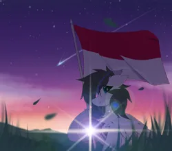 Size: 1500x1318 | Tagged: safe, artist:coarfdraw, derpibooru import, comet tail, oc, oc:jet blast, unofficial characters only, pegasus, chest fluff, ear fluff, flag, flag pole, flag waving, floppy ears, grass, image, independence day, indonesia, looking at you, png, raised hoof, smiling, smiling at you, sunrise