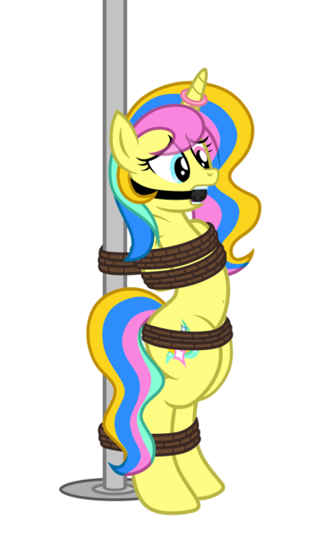 Size: 2272x3689 | Tagged: suggestive, artist:equestria secret guard, artist:radiantrealm, derpibooru import, oc, oc:lemon, unofficial characters only, pony, unicorn, arm behind back, ballgag, belly button, bipedal, blushing, bondage, bound and gagged, female, gag, helpless, horn, image, magic suppression, mare, png, rope, rope bondage, sexy, simple background, solo, tied up, transparent background, unicorn oc