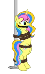 Size: 2272x3689 | Tagged: suggestive, artist:equestria secret guard, artist:radiantrealm, derpibooru import, oc, oc:lemon, unofficial characters only, pony, unicorn, arm behind back, ballgag, belly button, bipedal, blushing, bondage, bound and gagged, female, gag, helpless, horn, image, magic suppression, mare, png, rope, rope bondage, sexy, simple background, solo, tied up, transparent background, unicorn oc