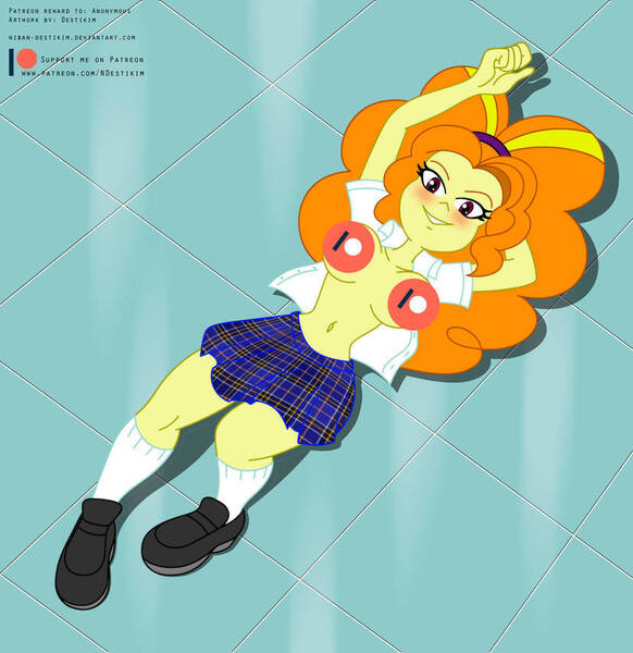 Size: 827x852 | Tagged: questionable, artist:niban-destikim, derpibooru import, adagio dazzle, human, equestria girls, blushing, breasts, censored, censored breasts, clothes, female, image, jpeg, looking at you, lying down, patreon, patreon censored, patreon logo, school, school uniform, solo, solo female, stupid sexy adagio dazzle