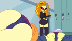 Size: 1900x1068 | Tagged: suggestive, derpibooru import, adagio dazzle, orange sherbette, upper crust, equestria girls, adagio dat-azzle, ass, butt, face down ass up, image, lying down, png, prone, solo, spy, unconscious, victorious villain