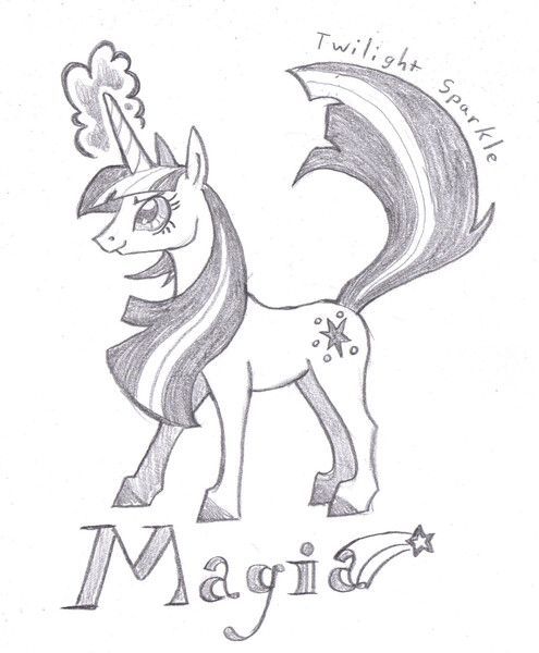 Size: 1510x1830 | Tagged: safe, artist:foldawaywings, derpibooru import, twilight sparkle, pony, unicorn, female, grayscale, image, jpeg, magic, magic aura, mare, monochrome, pencil drawing, realistic horse legs, simple background, solo, traditional art, unicorn twilight, white background