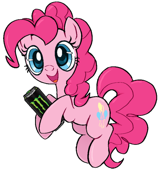 Size: 711x759 | Tagged: safe, artist:muffinz, derpibooru import, pinkie pie, earth pony, pony, caffeine, cute, diapinkes, drink, energy drink, female, holding, image, mare, monster, monster energy, oh no, open mouth, open smile, png, run for your lives, simple background, smiling, solo, this will not end well, transparent background, we're all doomed, xk-class end-of-the-world scenario