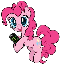 Size: 711x759 | Tagged: safe, artist:muffinz, derpibooru import, pinkie pie, earth pony, pony, caffeine, cute, diapinkes, drink, energy drink, female, holding, image, mare, monster, monster energy, oh no, open mouth, open smile, png, run for your lives, simple background, smiling, solo, this will not end well, transparent background, we're all doomed, xk-class end-of-the-world scenario