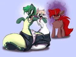 Size: 4096x3095 | Tagged: safe, artist:kebchach, derpibooru import, oc, oc:dalar, oc:hardy, oc:judith, alicorn, lamia, original species, pony, snake, snake pony, angry, chains, clothes, forked tongue, glasses, image, long tongue, male, pants, png, singing, stallion, tongue out