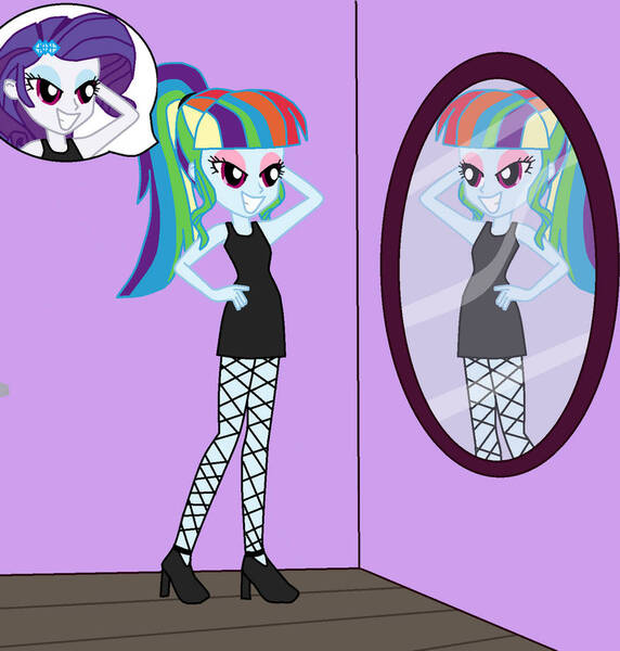 Size: 873x915 | Tagged: safe, artist:thewalrusclown, derpibooru import, rainbow dash, rarity, human, equestria girls, black dress, body swap, clothes, dress, high heels, image, jpeg, makeover, makeup, mirror, ponytail, rainbow dash always dresses in style, shoes, smiling