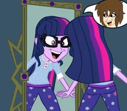 Size: 815x715 | Tagged: safe, artist:thewalrusclown, derpibooru import, sci-twi, twilight sparkle, human, equestria girls, body swap, clothes, excited, glasses, image, jpeg, male to female, mirror, pajamas, rule 63