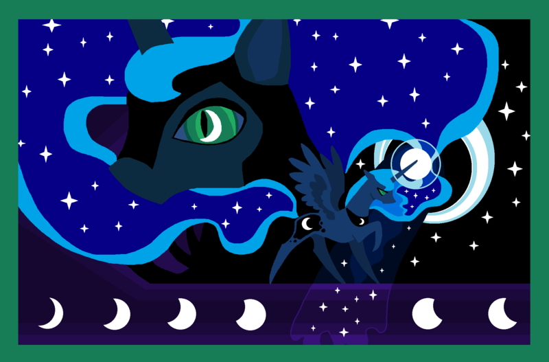 Size: 2052x1352 | Tagged: safe, artist:foldawaywings, derpibooru import, princess luna, alicorn, pony, dark background, ethereal mane, female, image, lunar phases, mare, png, slit pupils, starry mane