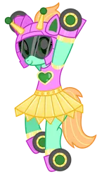 Size: 640x1100 | Tagged: safe, artist:jennieoo, derpibooru import, oc, oc:goldheart, pony, robot, robot pony, clothes, commission, female, helmet, hooves up, image, looking at you, mare, png, simple background, skirt, smiling, smiling at you, solo, transparent background, vector