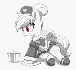 Size: 2694x2463 | Tagged: safe, artist:pabbley, derpibooru import, rainbow dash, pegasus, pony, alternate hairstyle, bucket, clothes, female, grayscale, hair bun, image, jpeg, maid, maid headdress, mare, monochrome, partial color, rainbow maid, simple background, sitting, smiling, solo, white background