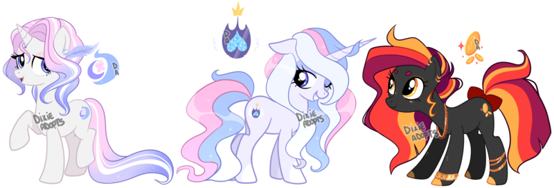 Size: 2610x888 | Tagged: safe, artist:dixieadopts, derpibooru import, oc, oc:crystal shield, oc:noveau riche, oc:royal moonlight, unofficial characters only, earth pony, pony, unicorn, female, image, mare, offspring, parent:fancypants, parent:filthy rich, parent:fluttershy, parent:princess cadance, parent:shining armor, parent:sunset shimmer, parents:fancyshy, parents:shiningcadance, png, simple background, transparent background