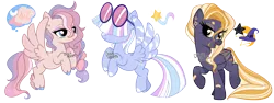 Size: 3000x1126 | Tagged: safe, artist:dixieadopts, derpibooru import, oc, oc:pastel sky, oc:star crash, oc:terranova, unofficial characters only, hybrid, pegasus, pony, female, image, interspecies offspring, magical lesbian spawn, mare, offspring, parent:fluttershy, parent:photo finish, parent:spitfire, parent:star tracker, parent:terramar, parent:twilight sparkle, png, simple background, sunglasses, transparent background