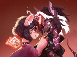 Size: 2050x1512 | Tagged: safe, artist:jewellier, derpibooru import, oc, unofficial characters only, pony, unicorn, abstract background, art trade, black sclera, choker, clothes, couple, duo, duo male and female, ear piercing, earring, female, glow, glowing horn, horn, image, jewelry, looking at each other, looking at someone, magic, magic aura, male, mare, particles, piercing, png, spiked choker, stallion, sticker, unicorn oc, unshorn fetlocks, yuumi