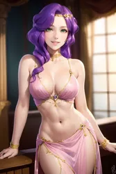 Size: 1024x1536 | Tagged: suggestive, derpibooru import, editor:sammykun, machine learning generated, pipp petals, human, g5, ai content, belly button, blurry background, bracelet, breasts, busty pipp petals, cleavage, clothes, dress, female, floral head wreath, flower, gem, gold, humanized, image, jewelry, long hair, midriff, necklace, png, prompter:sammykun, reasonably sized breasts, see-through, sexy, silk, skirt, smiling, solo, solo female, stupid sexy pipp petals, sultry pose, wide hips, window, wood