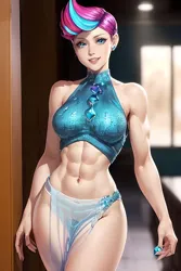 Size: 1024x1536 | Tagged: suggestive, derpibooru import, editor:sammykun, machine learning generated, zipp storm, human, g5, abs, ai content, belly button, blurry background, breasts, busty zipp storm, clothes, diamond, dress, female, gem, humanized, image, jewelry, midriff, muscles, muscular female, necklace, png, prompter:sammykun, reasonably sized breasts, ripped zipp, see-through, sexy, short hair, silk, skirt, sleeveless, smiling, solo, stupid sexy zipp storm, sultry pose, sweater, thighs, turtleneck, wide hips, window, wood