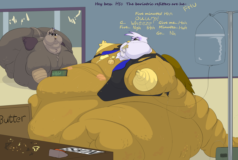 Size: 3500x2352 | Tagged: questionable, semi-grimdark, artist:lupin quill, derpibooru import, gilda, oc, gryphon, series:the glut of griffonstone (weight gain), belly, belly button, big belly, bingo wings, burp, butt, butter, cellulite, chest fluff, chubby cheeks, clothes, crate, ear piercing, earring, eating, fat, fat fetish, fat tail, female, females only, fetish, flabby chest, food, gildough, griffon oc, heart monitor, huge belly, huge butt, image, immobile, impossibly large belly, impossibly large butt, iv drip, jacket, jewelry, large butt, life support, messy eating, morbidly obese, obese, onomatopoeia, open mouth, panting, piercing, plot, png, punk, rolls of fat, scone, slob, stretchmarks, sweat, sweatdrop, table, tail, torn clothes, wardrobe malfunction, weight gain, weight gain sequence, wheelchair