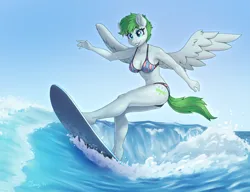 Size: 6072x4662 | Tagged: safe, alternate version, artist:dandy, derpibooru import, morning dew, oc, unofficial characters only, anthro, pegasus, unguligrade anthro, abs, absurd resolution, belly button, bikini, boob freckles, breasts, chest freckles, cleavage, clothes, commission, ear fluff, eyeshadow, female, freckles, image, makeup, muscles, muscular female, outdoors, pegasus oc, png, sky, surfing, swimsuit, water, wave, wet, wings, ych result
