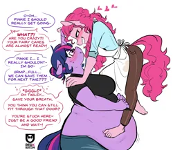 Size: 1622x1406 | Tagged: suggestive, artist:redxbacon, derpibooru import, pinkie pie, twilight sparkle, anthro, earth pony, unicorn, belly, big belly, blushing, dialogue, fat, fat fetish, feeder, feet, female, fetish, floating heart, heart, image, lesbian, png, shipping, simple background, stomach, white background