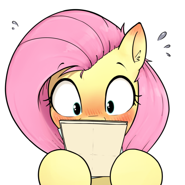 Size: 2516x2515 | Tagged: safe, artist:whiskeypanda, derpibooru import, fluttershy, pegasus, pony, blushing, blushing profusely, ear blush, eyebrows, flustered, hoof hold, image, paper, png, raised eyebrow, reading, simple background, sweat, sweatdrop, tiny pupils, transparent background