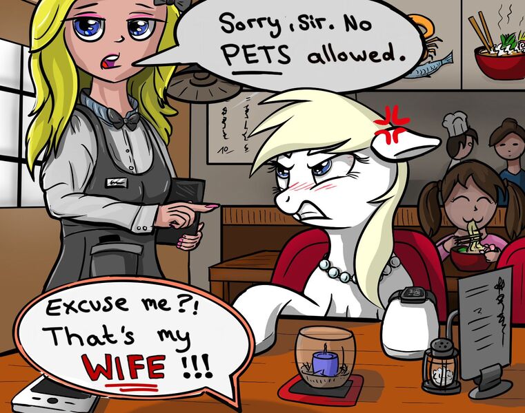 Size: 1457x1149 | Tagged: source needed, safe, artist:celsian, edit, oc, oc:aryanne, unofficial characters only, earth pony, human, pony, angry, apron, blonde, bloodshot eyes, cafe, candle, chef, chef's hat, clothes, cross-popping veins, dialogue, emanata, eyeshadow, female, floppy ears, food, glare, gritted teeth, hat, headwear, high res, image, imminent pain, implied marriage, interspecies, iphone, japanese, jewelry, jpeg, looking at you, makeup, male, mare, married couple, menu, mobile phone, moon runes, name tag, necklace, noodles, offscreen character, offscreen male, pearl necklace, phone, pov, ramen, restaurant, salt shaker, self insert, smartphone, smartwatch, speech bubble, table, tablet, teeth, text, this will end in property damage, this will end in tears, upset, waifu, waitress, watch, wife, woman
