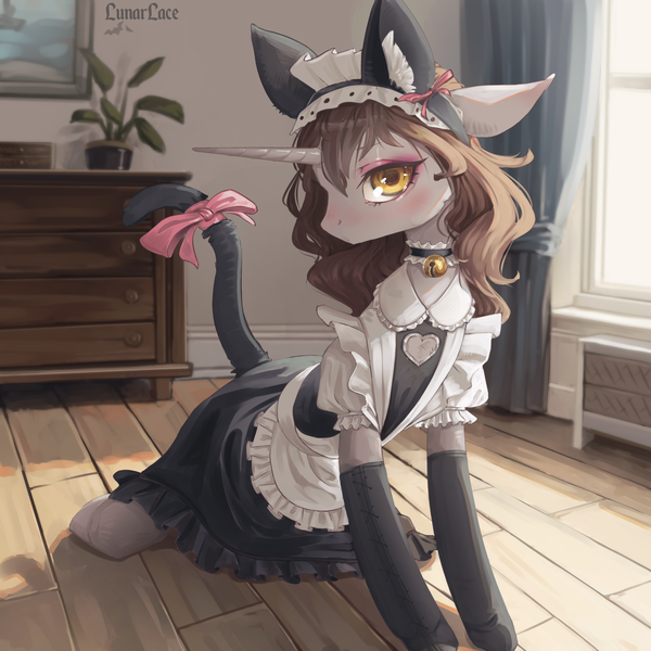 Size: 1600x1600 | Tagged: safe, artist:lunarlacepony, derpibooru import, oc, oc:silver bubbles, unofficial characters only, pony, unicorn, apron, bell, bell collar, bow, cat ears, choker, clothes, collar, crossdressing, dress, eyeshadow, femboy, image, looking at you, maid, maid headdress, makeup, male, png, socks, tail, tail wrap