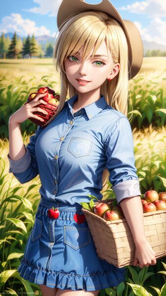 Size: 1080x1920 | Tagged: safe, derpibooru import, machine learning generated, stable diffusion, applejack, human, ai content, apple, basket, blonde hair, clothes, cloud, cowboy hat, denim, denim shirt, denim skirt, ear piercing, earring, farm, female, field, food, generator:mlpapplejack-10, generator:siinceysmixv2renewedv20, green eyes, hat, humanized, image, jewelry, jpeg, looking at you, piercing, prompter:marusame, skirt, smiling, solo, standing, tree, wheat