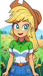 Size: 1080x1920 | Tagged: safe, derpibooru import, machine learning generated, stable diffusion, applejack, human, equestria girls, ai content, belt, belt buckle, blonde hair, clothes, cowboy hat, denim, denim skirt, female, flower, generator:mlpapplejack-10, generator:toonifyv20, grass, green eyes, hat, humanized, image, jpeg, prompter:marusame, shirt, skirt, smiling, solo, tree