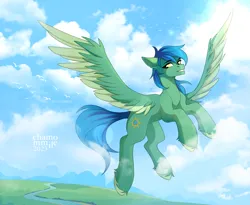 Size: 4249x3485 | Tagged: safe, artist:chamommile, derpibooru import, oc, oc:distant skies, unofficial characters only, bird, pegasus, pony, cloud, colored wings, commission, flying, high res, image, outdoors, pixelated, png, river, scenery, signature, sky background, solo, two toned wings, unshorn fetlocks, water, wings, ych result