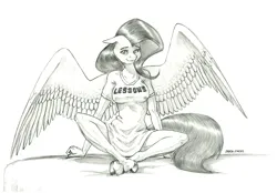 Size: 1500x1045 | Tagged: suggestive, artist:baron engel, derpibooru import, fluttershy, anthro, pegasus, unguligrade anthro, breasts, busty fluttershy, clothes, erect nipples, female, image, jpeg, monochrome, nipple outline, pencil drawing, shirt, simple background, solo, traditional art, white background