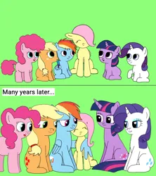 Size: 1366x1536 | Tagged: safe, artist:coolgear10, derpibooru import, applejack, fluttershy, pinkie pie, rainbow dash, rarity, twilight sparkle, earth pony, pegasus, pony, unicorn, appleshy, diverse body types, female, filly, flarity, flutterdash, flutterpie, fluttershy gets all the mares, foal, green background, height difference, image, lesbian, mane six, mare, png, shipping, simple background, size difference, smolshy, twishy, wingding eyes